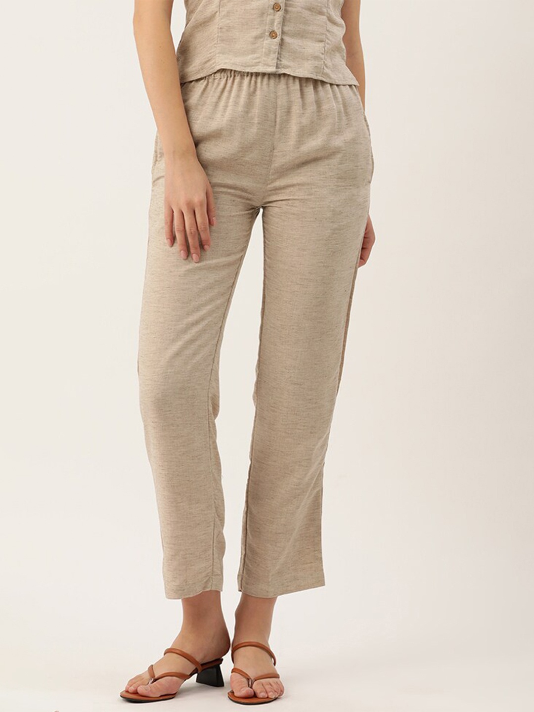

Molcha Women Elasticated Pure Cotton Palazzos, Beige