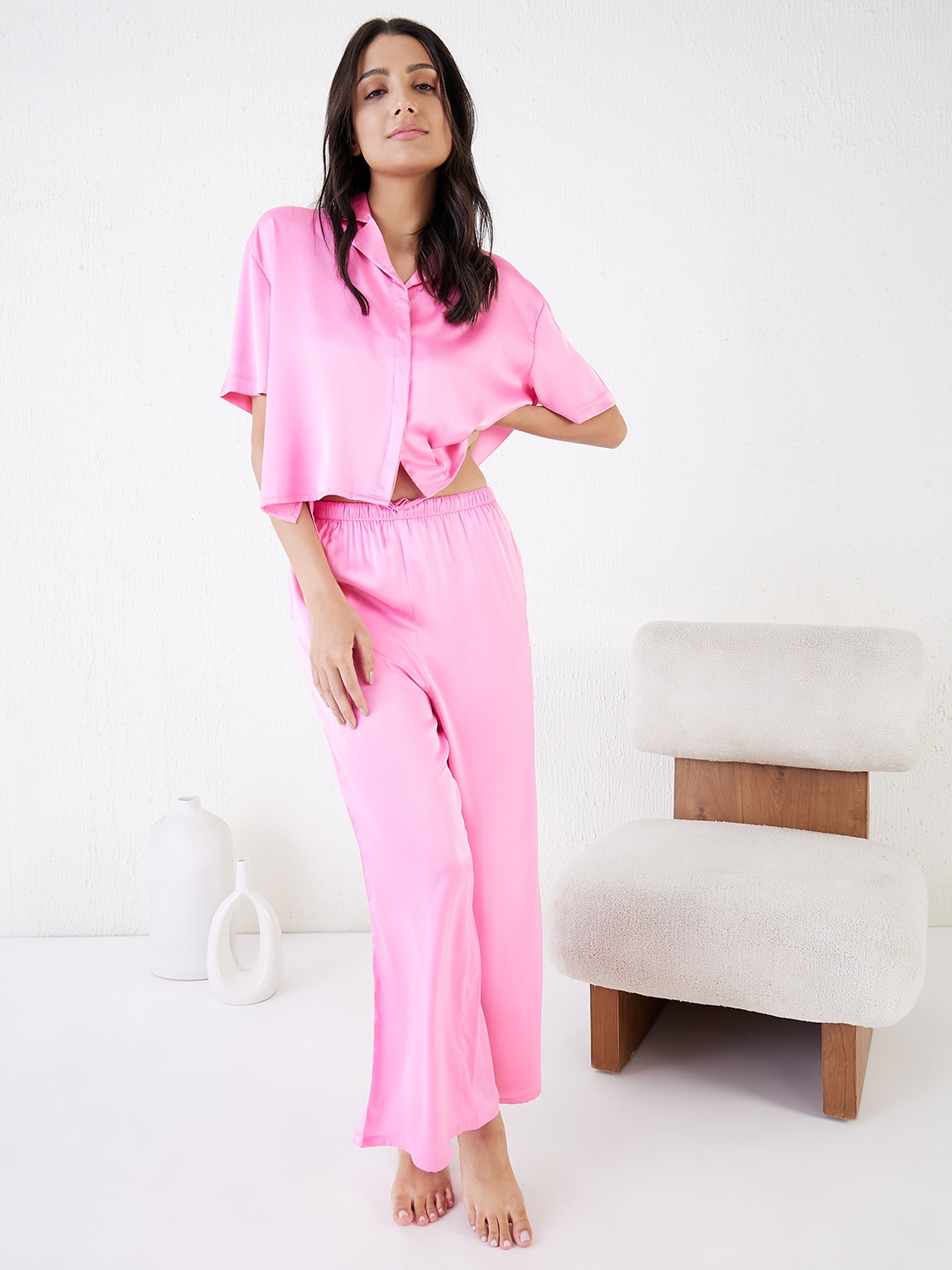 

Sweet Dreams Short Sleeves Satin Night suit, Pink