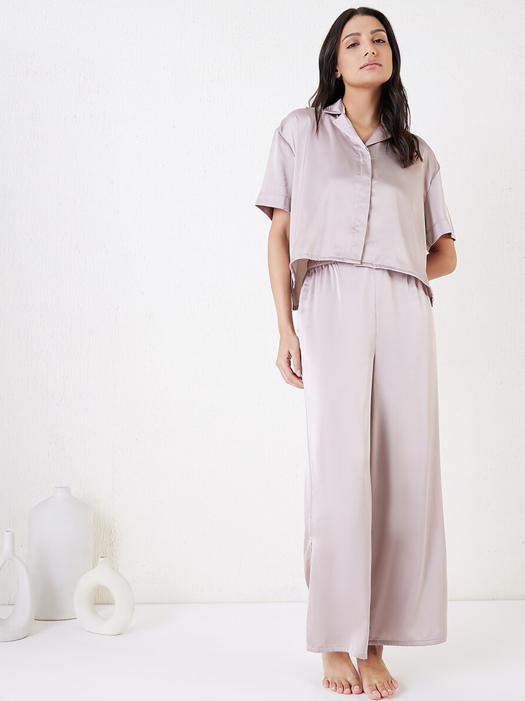 

Sweet Dreams Mauve Shirt Collar Satin Night suit