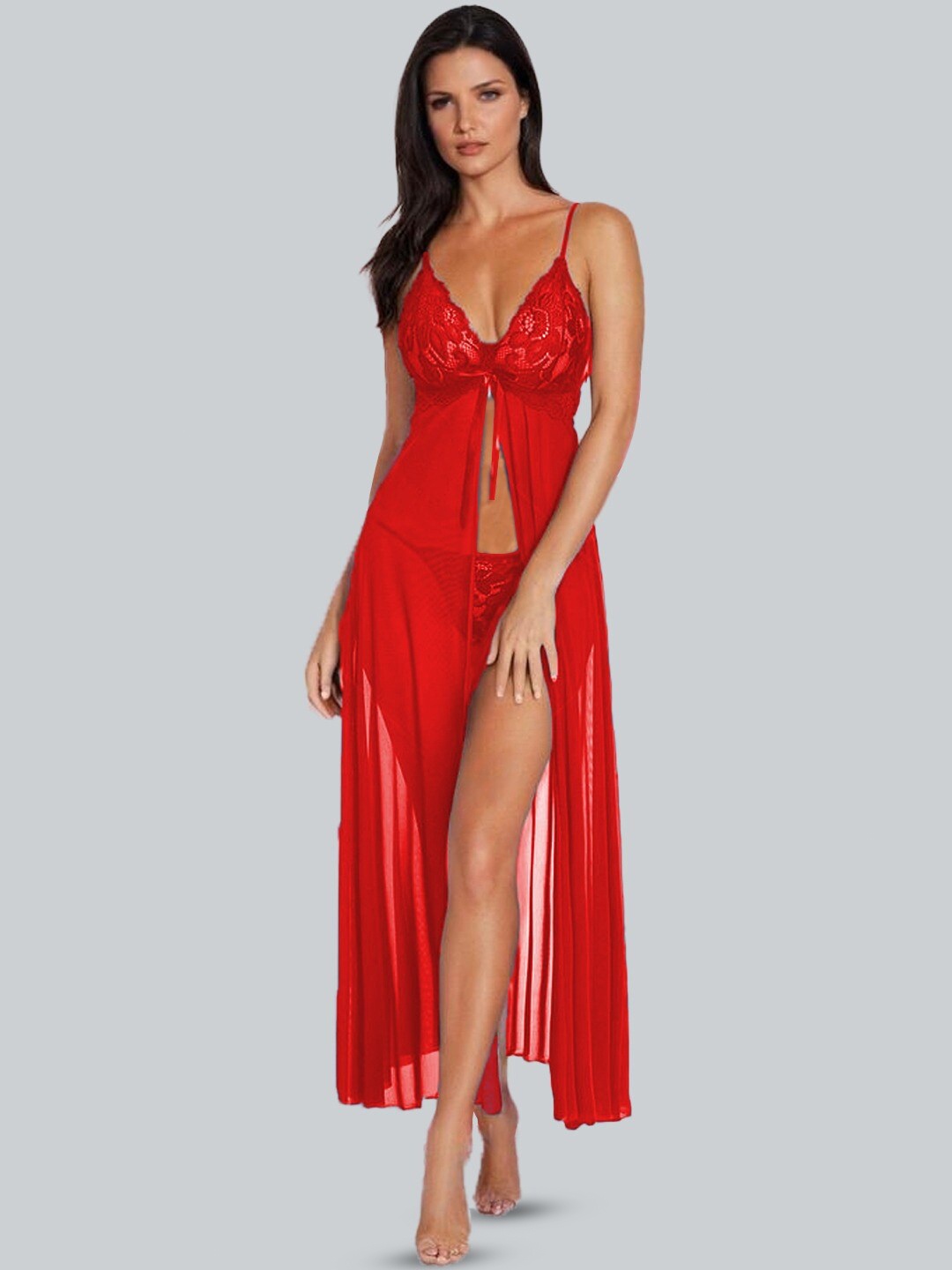 

KRENOZ Self Designed Shoulder Straps Net Baby Doll, Red