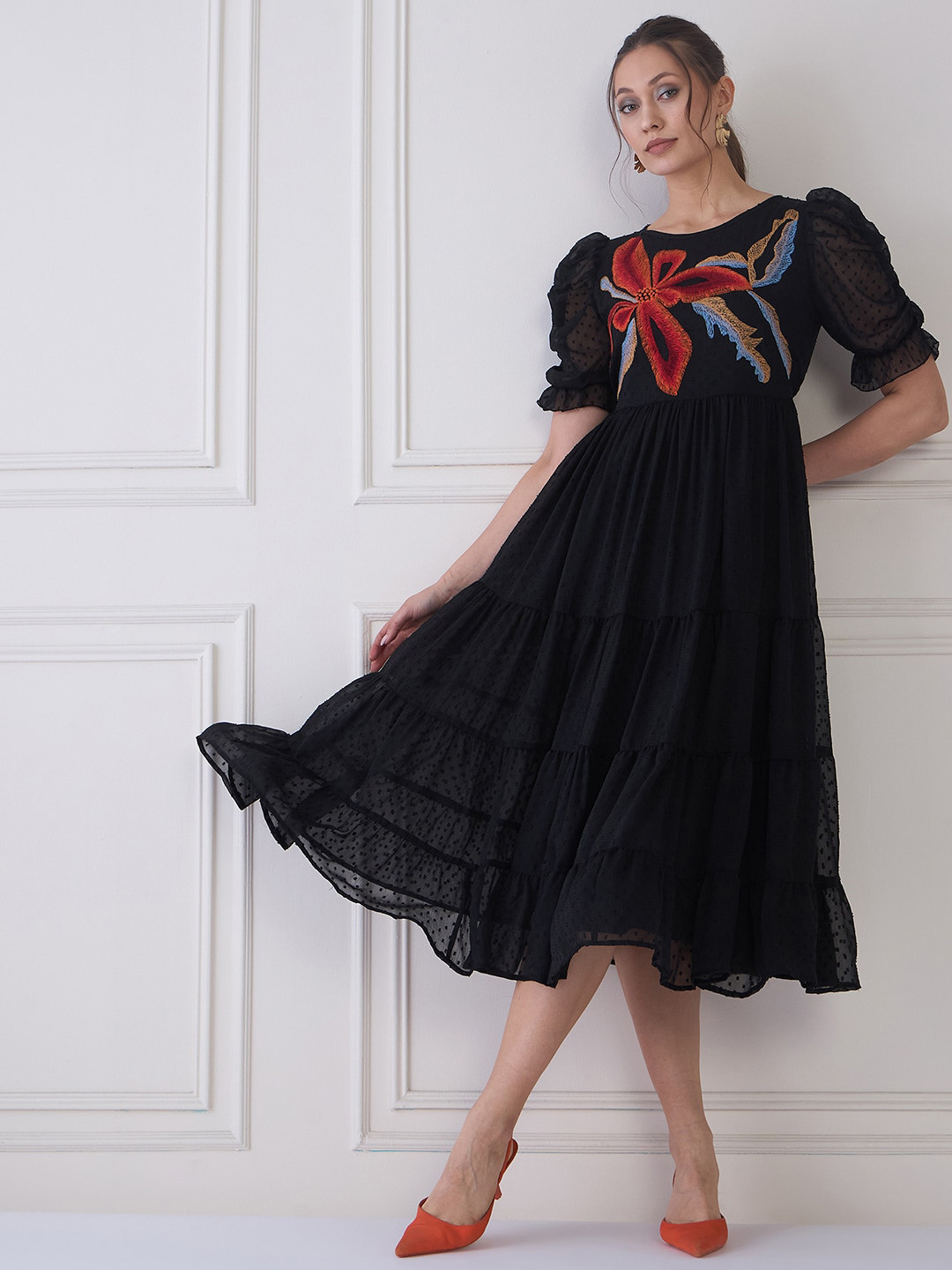 

Antheaa Embroidered Round Neck Puff Sleeve Tiered Fit & Flare Midi Dress, Black