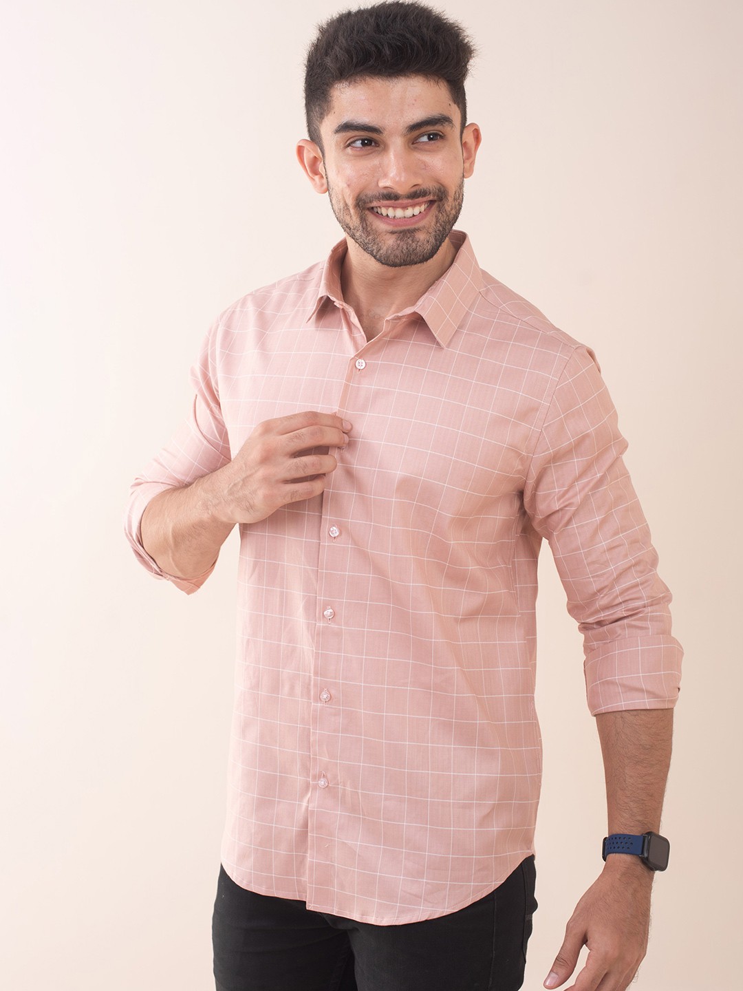 

The Bleu Label Classic Slim Fit Checked Spread Collar Cotton Casual Shirt, Pink
