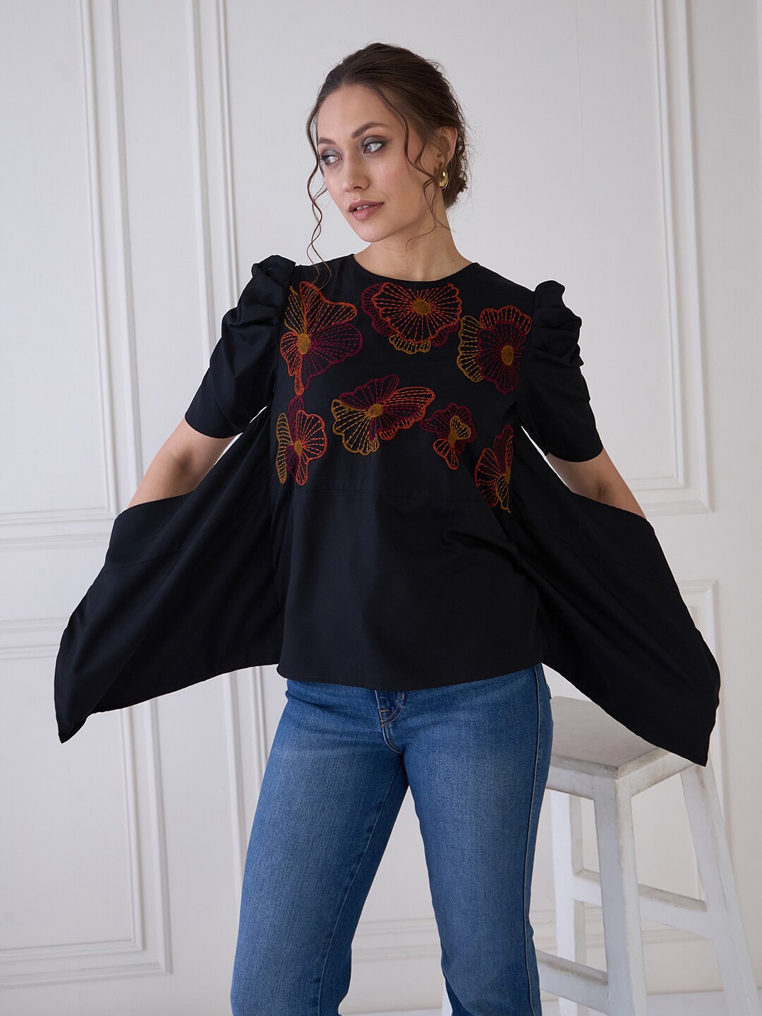 

Antheaa Elit Crepe Embroidered A-Line Top, Black