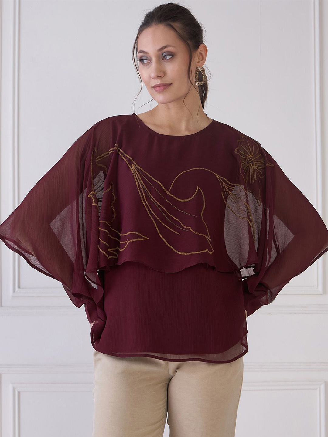 

Antheaa Elit Batwing Sleeve Embroidered Chiffon Cape Top, Red