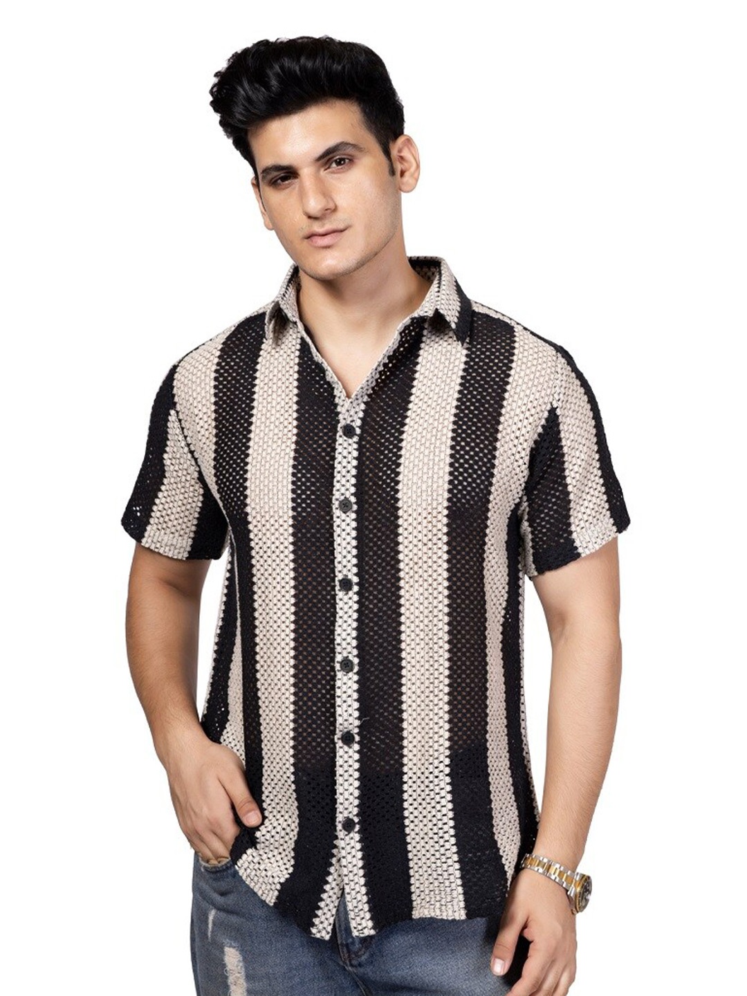 

TBS- THE BARGAIN STREET New Spread Collar Semi Sheer Printed Cotton Casual Shirt, Black