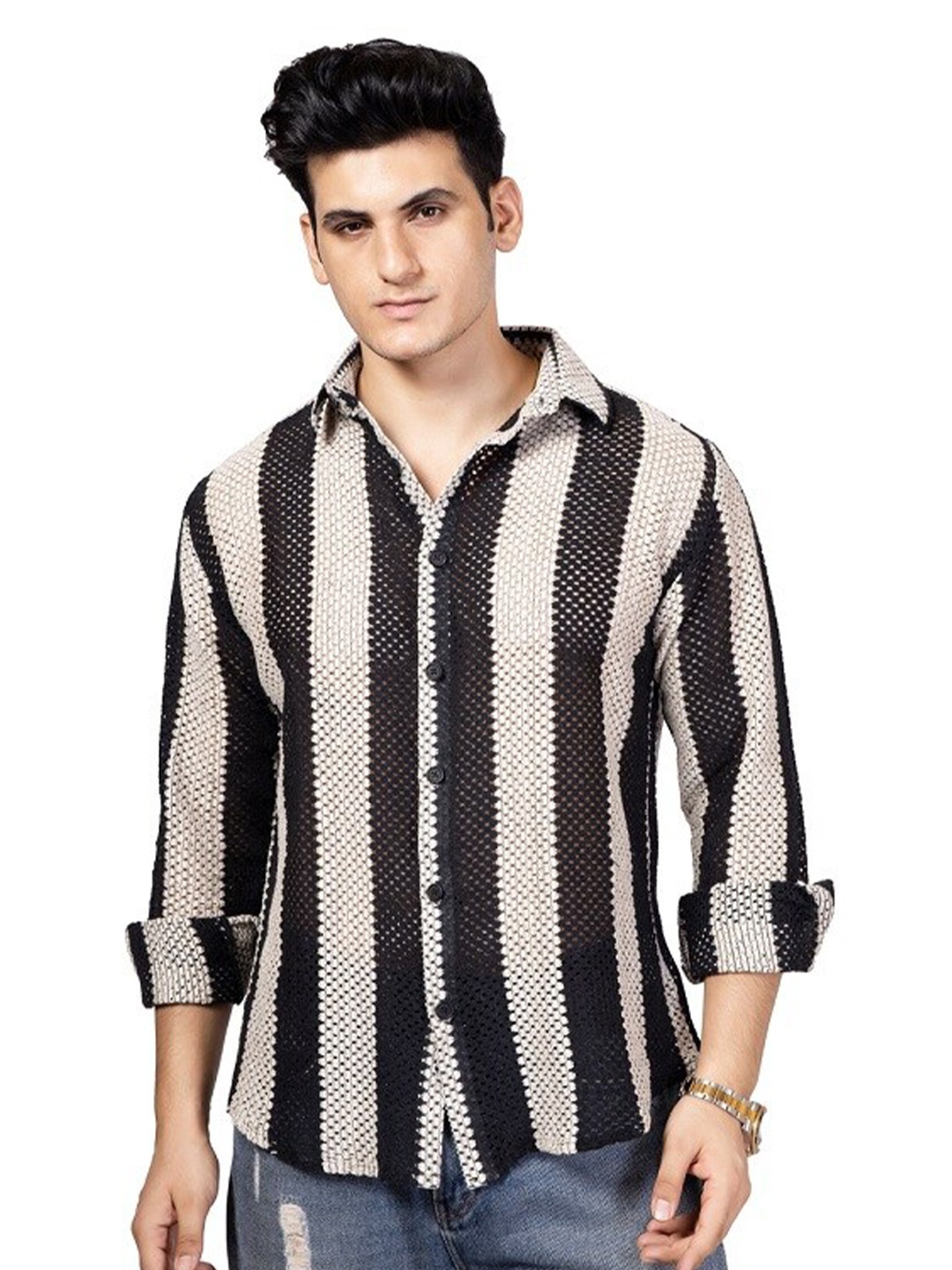 

TBS- THE BARGAIN STREET New Spread Collar Semi Sheer Printed Cotton Casual Shirt, Black