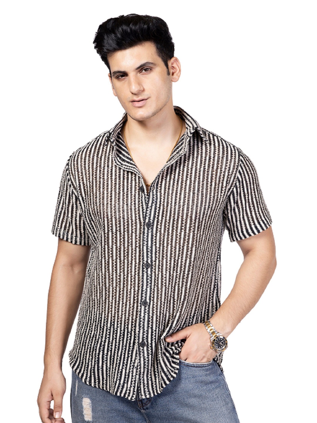 

TBS- THE BARGAIN STREET New Spread Collar Semi Sheer Striped Cotton Casual Shirt, Black