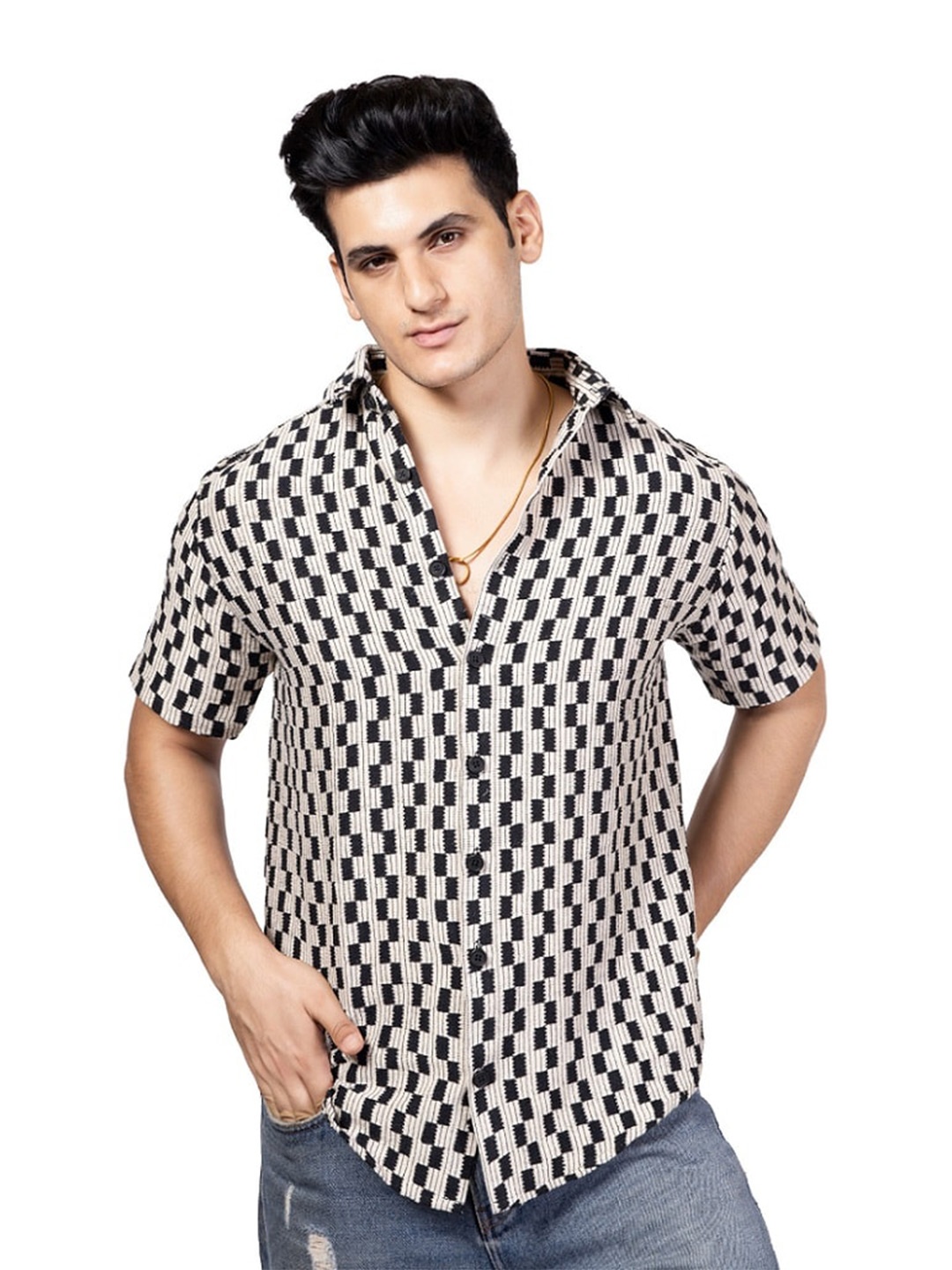 

TBS- THE BARGAIN STREET New Spread Collar Semi Sheer Printed Cotton Casual Shirt, Black