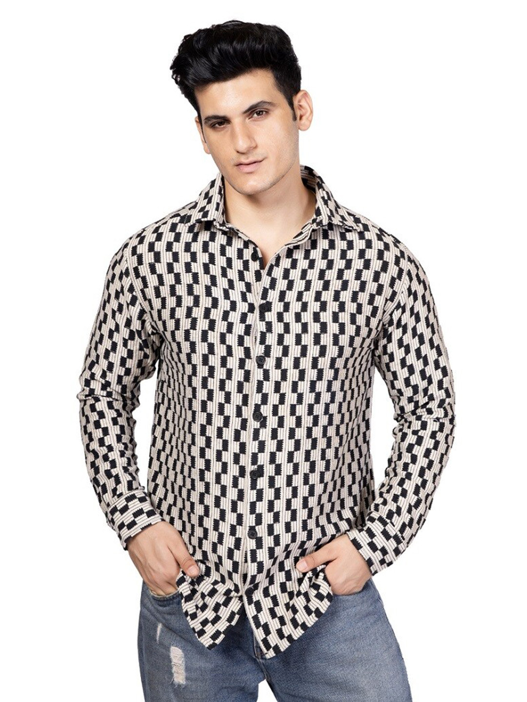 

TBS- THE BARGAIN STREET New Spread Collar Semi Sheer Printed Cotton Casual Shirt, Black