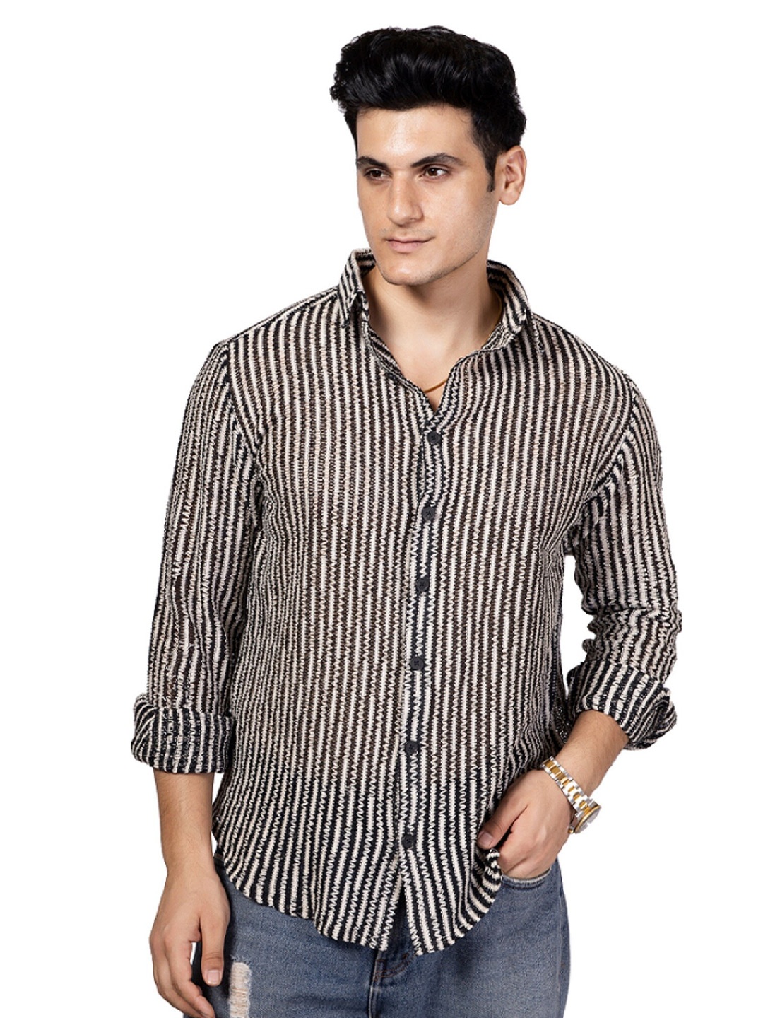 

TBS- THE BARGAIN STREET New Spread Collar Semi Sheer Striped Cotton Casual Shirt, Black