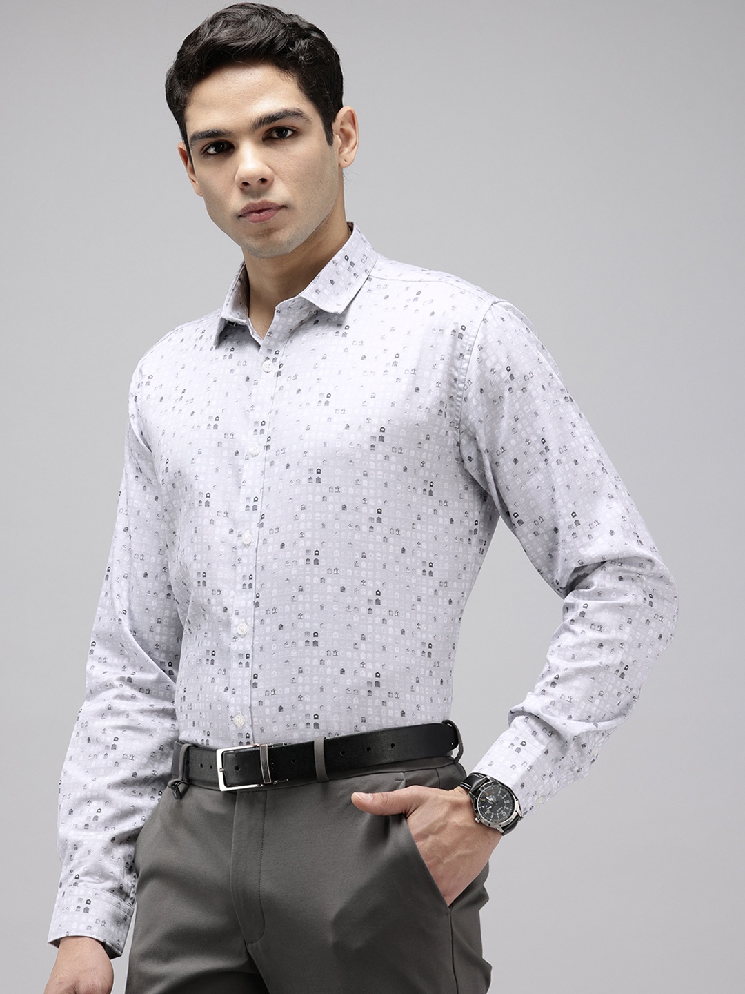 

V Dot Pure Cotton Slim Fit Opaque Printed Formal Shirt, Grey