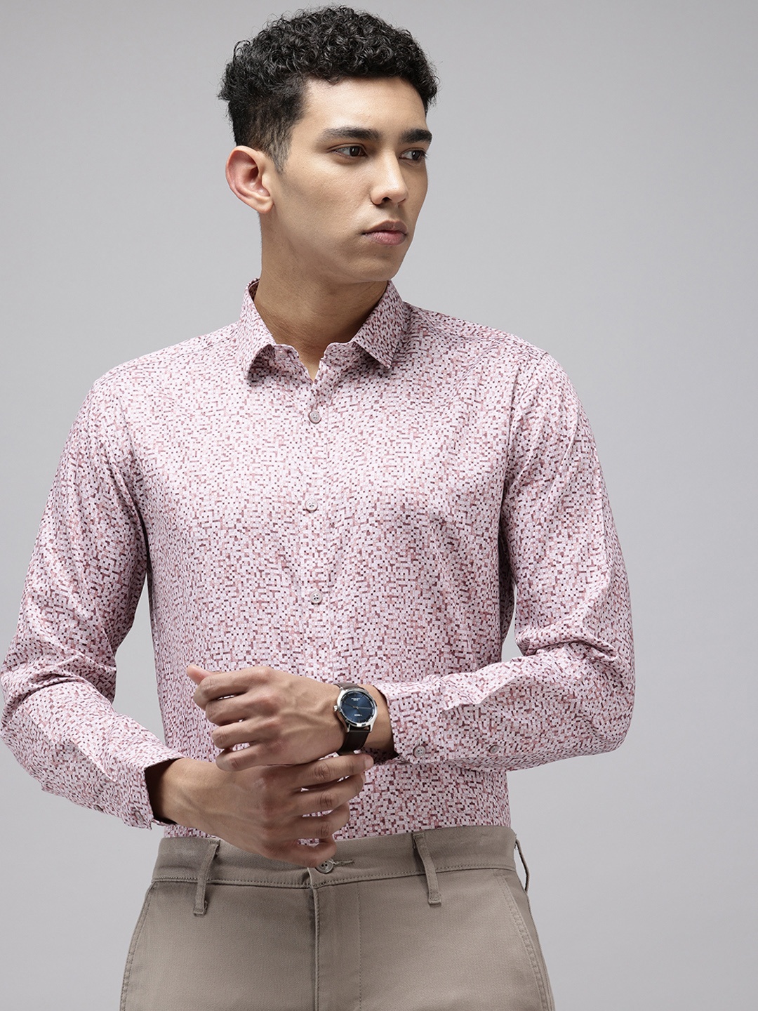

V Dot Pure Cotton Slim Fit Opaque Printed Formal Shirt, Mauve
