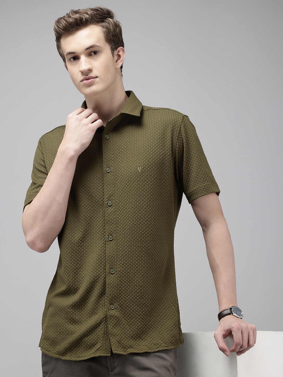 

V Dot Skinny Fit Self Designed Casual Shirt, Olive