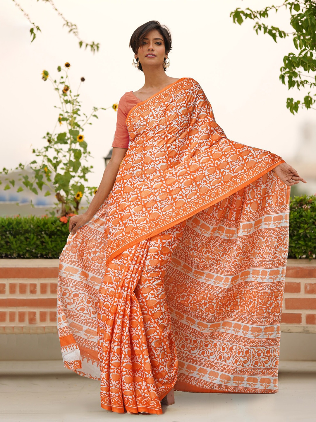 

Unnati Silks Ethnic Motifs Pure Cotton Handloom Block Print Saree, Orange