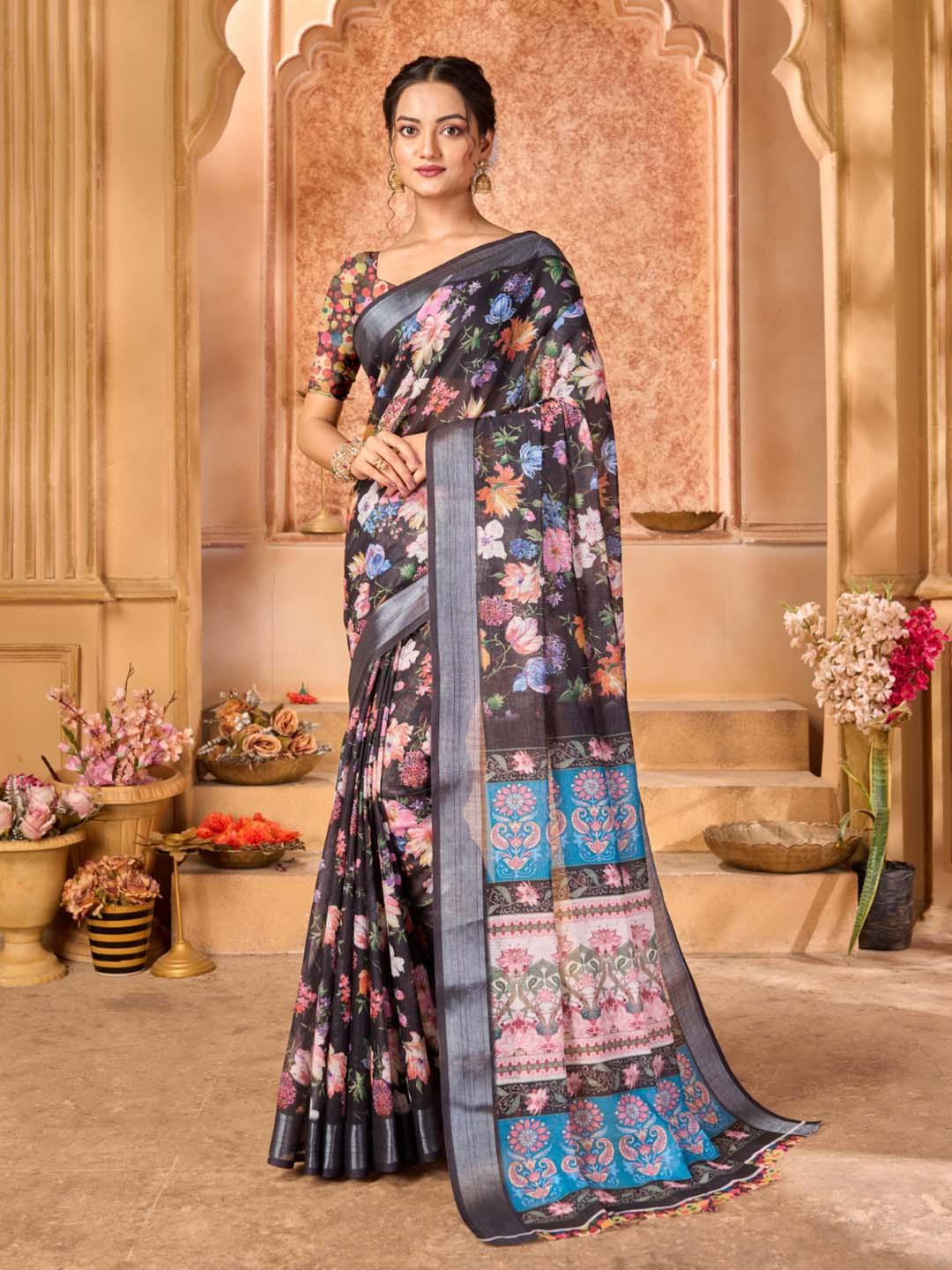 

KALINI Floral Linen Blend Saree, Blue