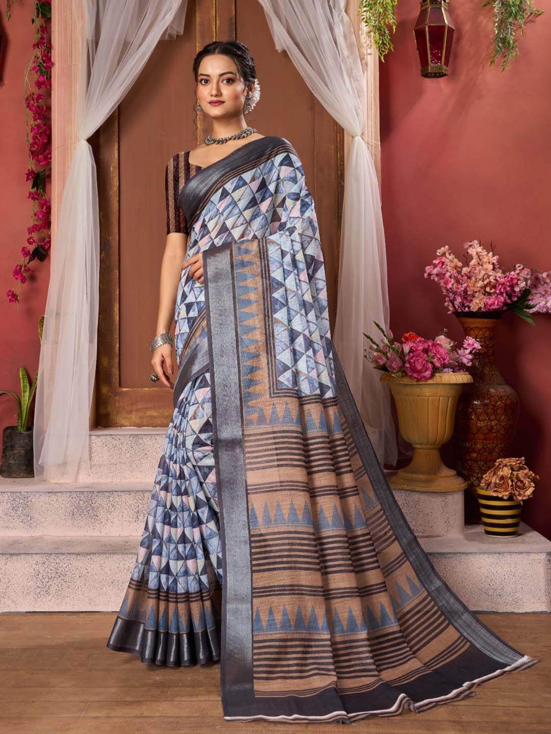 

KALINI Ethnic Motifs Pure Linen Saree, Blue