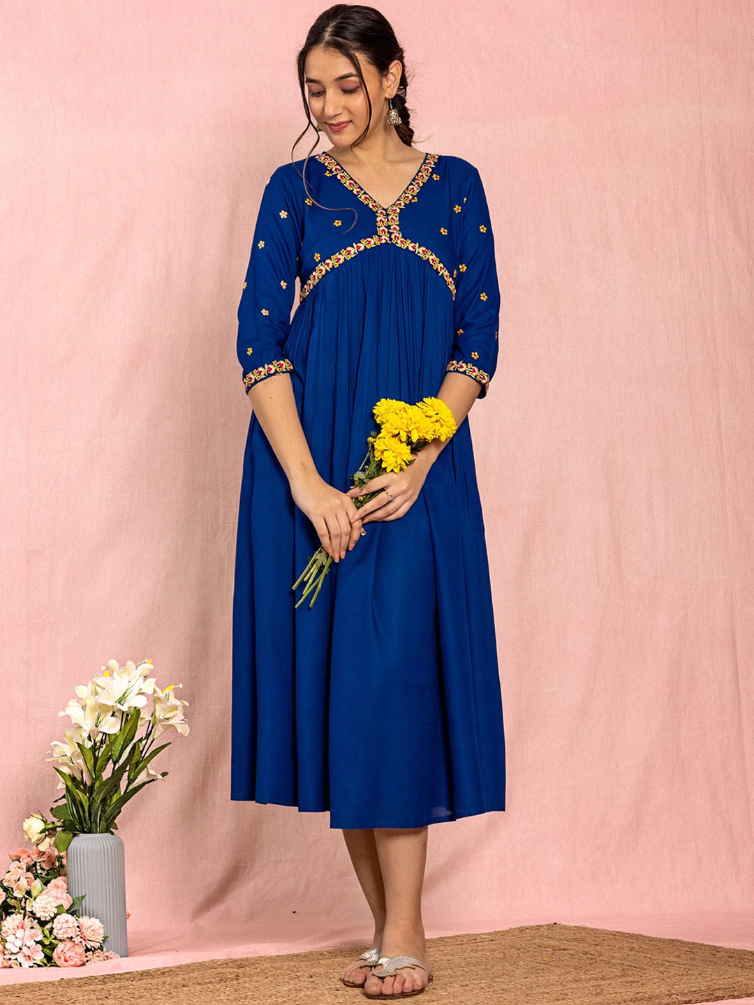 

KASYA Embroidered Empire Midi Ethnic Dress, Blue