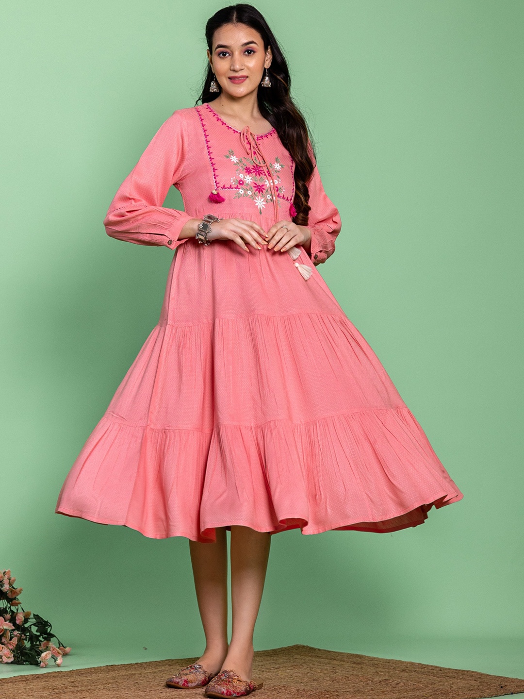 

KASYA Embroidered Flared A-Line Midi Ethnic Dress, Pink