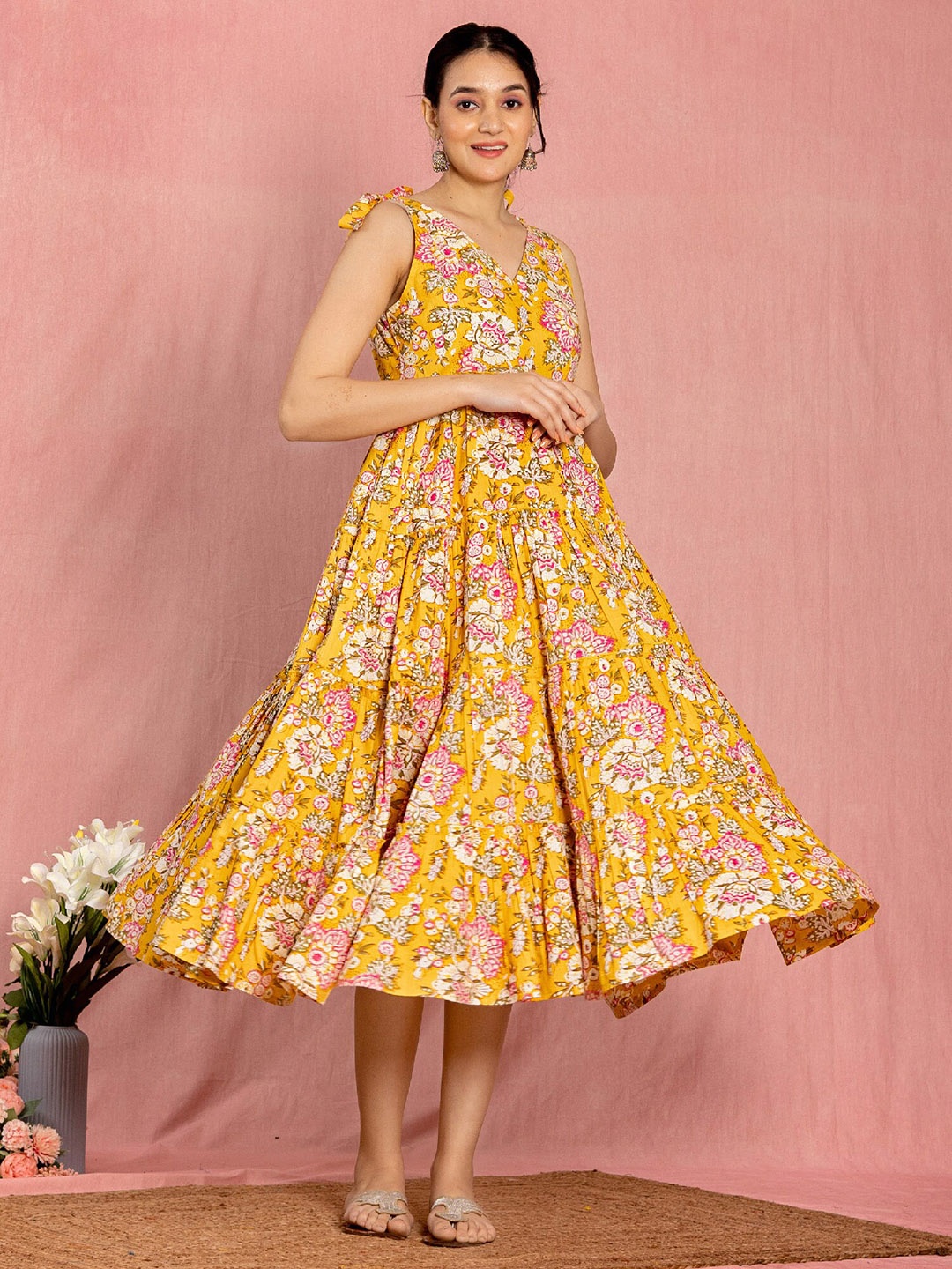 

KASYA Floral Printed Cotton Fit and Flare Midi Ethnic Dress, Yellow