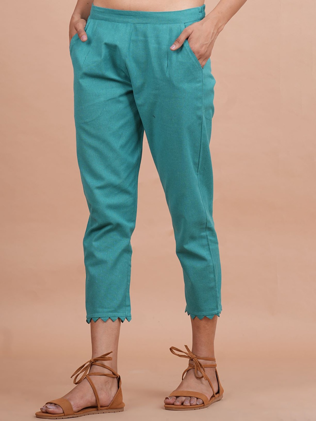 

MIRAYYA Women Tailored Tapered Fit Mid-Rise Easy Wash Cotton Cropped Cigarette Trousers, Green
