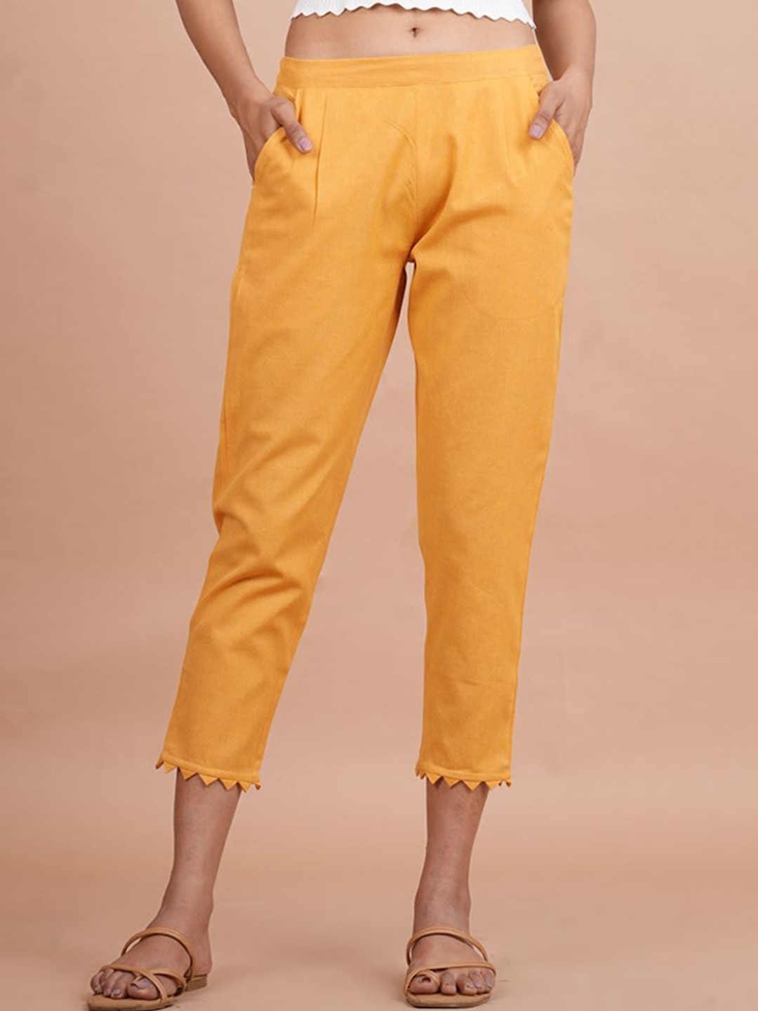 

MIRAYYA Women Tailored Tapered Fit Mid-Rise Easy Wash Cropped Cotton Trousers, Yellow