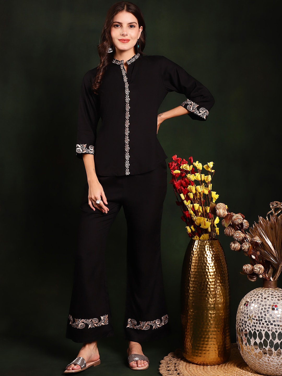 

Claura Black Floral Embroidered Mandarin Collar Tunic With Trouser Co-Ords