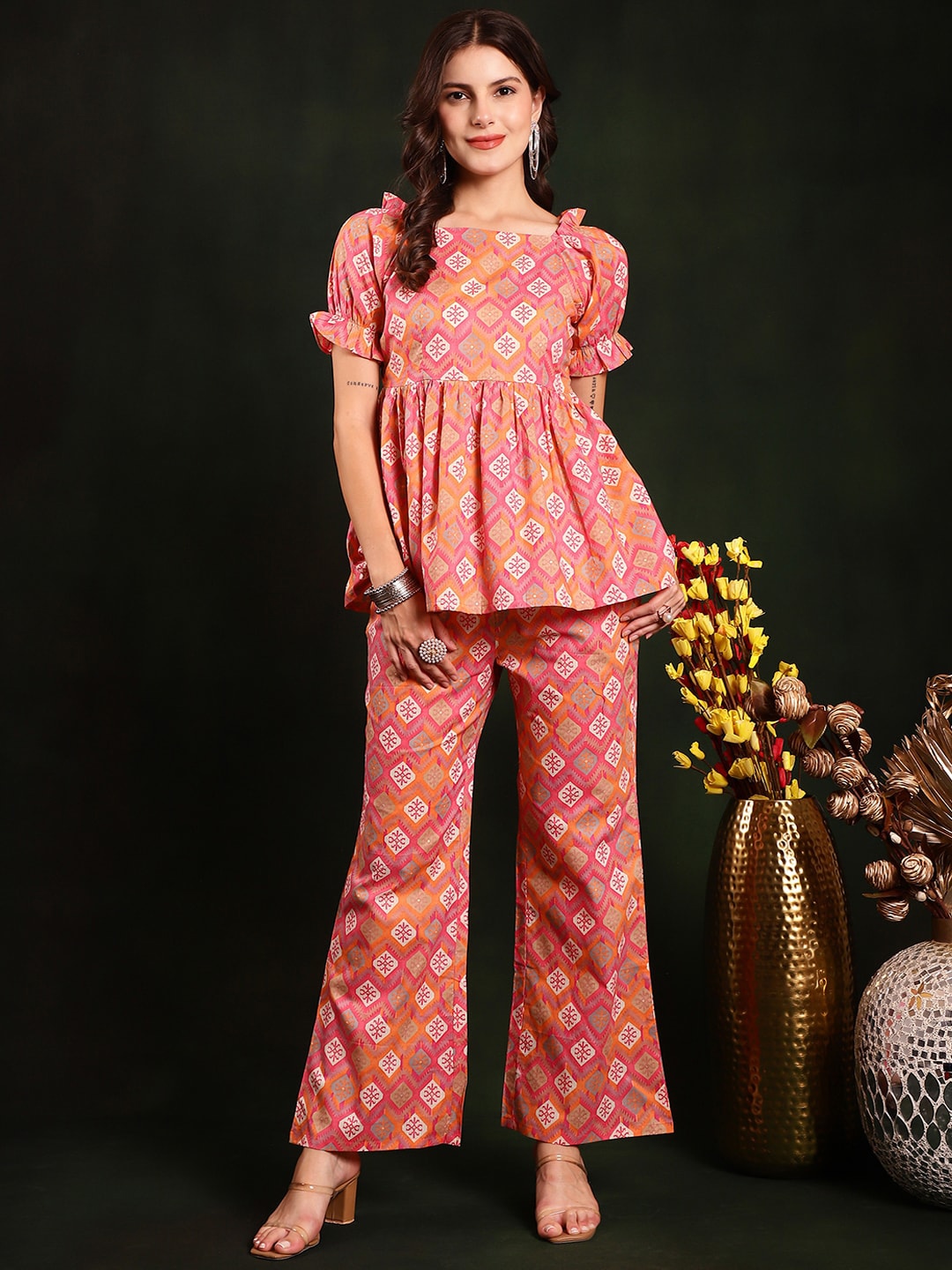 

Claura Pink Floral Printed Pure Cotton Tunic With Trouser Co-Ords
