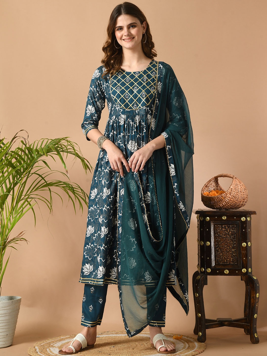 

VIDHANI Round Neck Floral Printed Straight Gotta Patti Kurta with Trouser & Dupatta, Teal