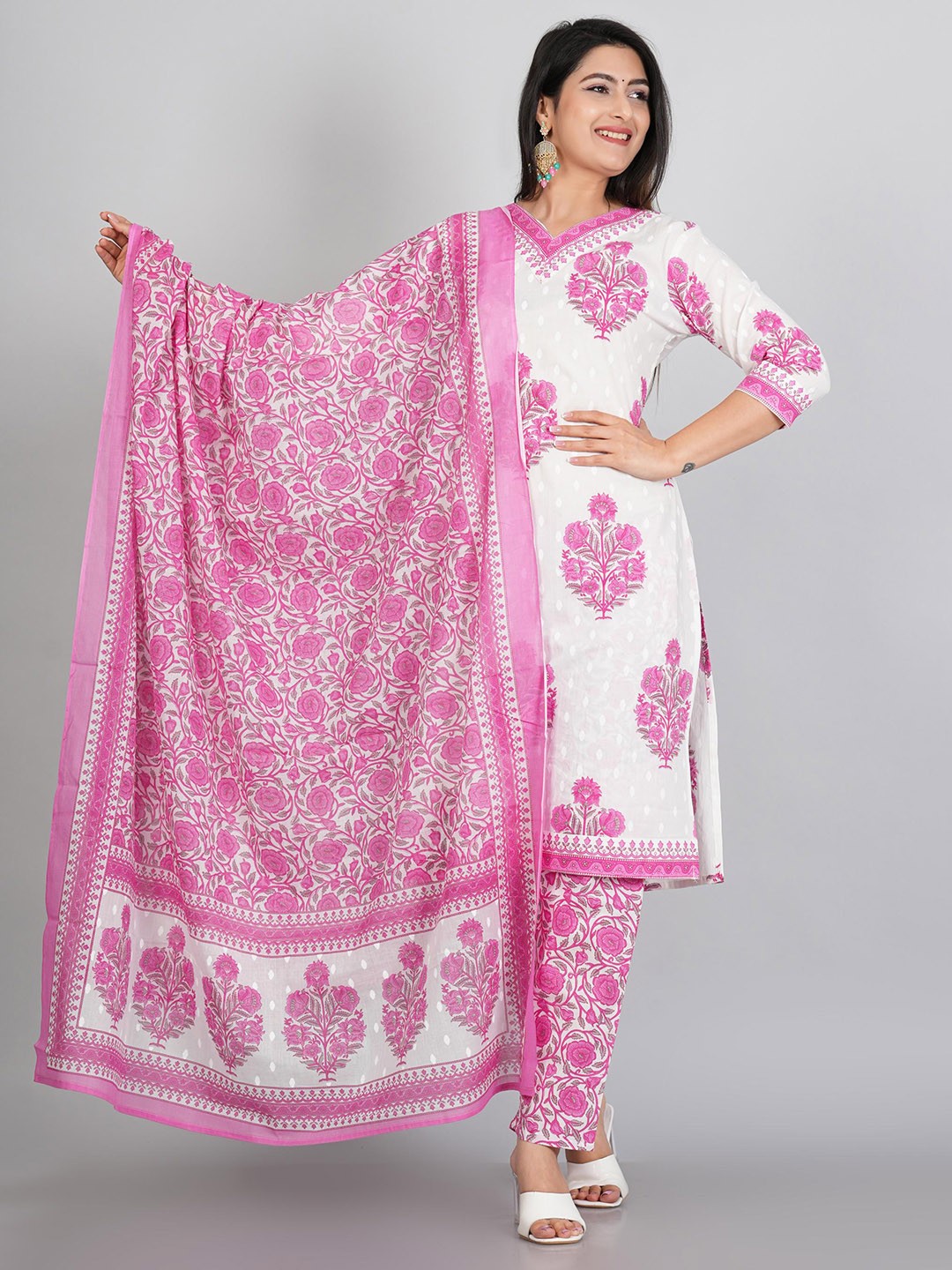 

P3D CREATION Floral Printed Regular Pure Cotton Kurta with Trousers & Dupatta, Pink