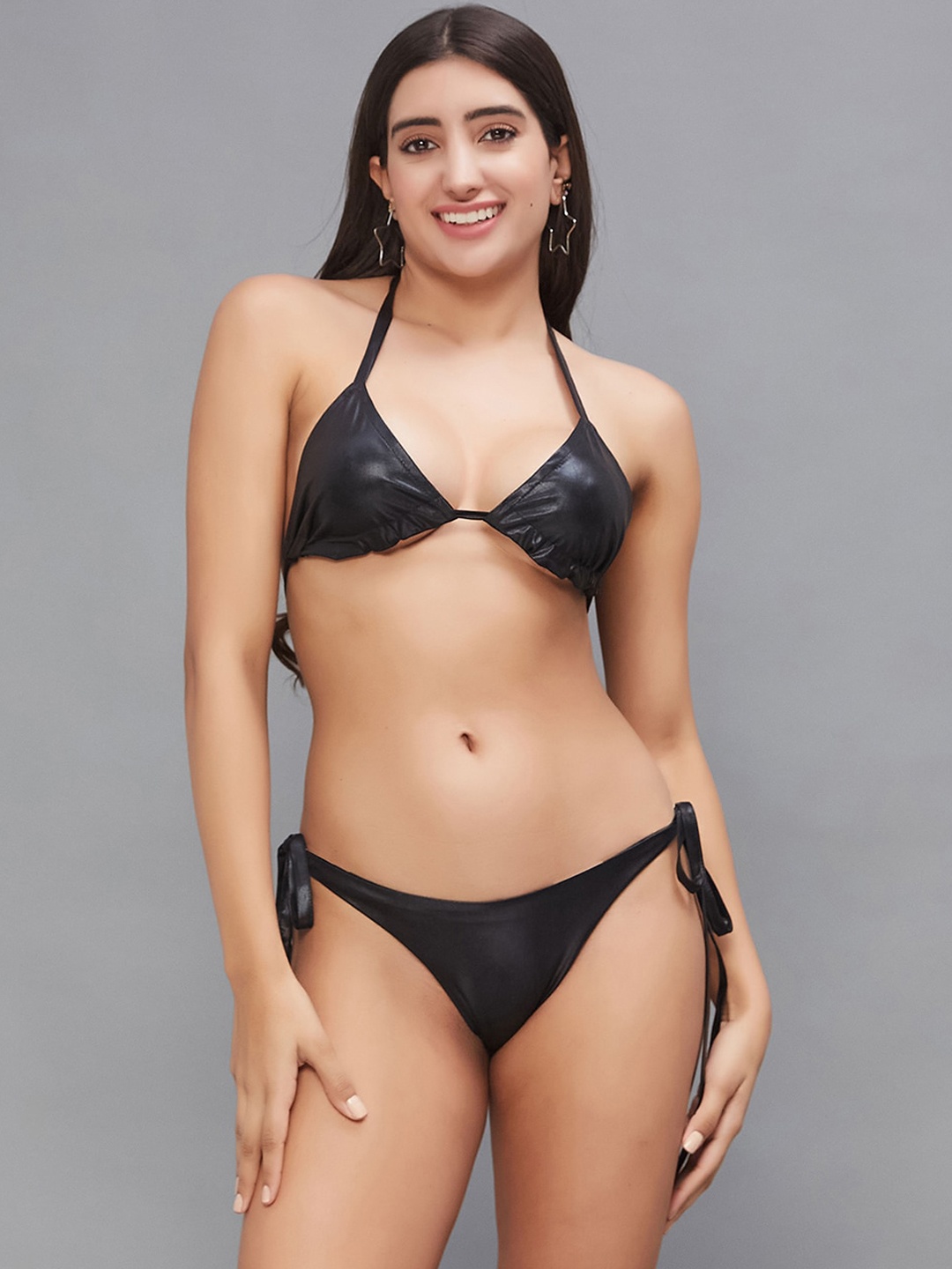 

SECRETS BY ZEROKAATA Women Metallic Beachwear Swim Bikini Set, Black