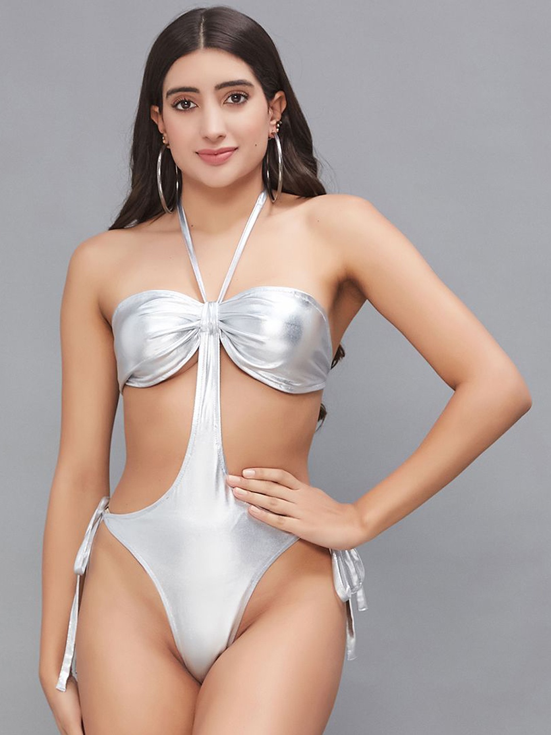 

SECRETS BY ZEROKAATA Women Metallic Beachwear Swimsuit, Silver