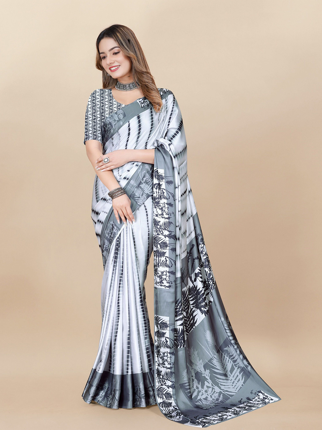 

Mitera Floral Satin Saree, Grey