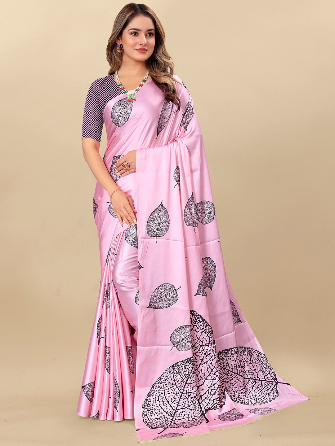 

Mitera Floral Satin Saree, Pink