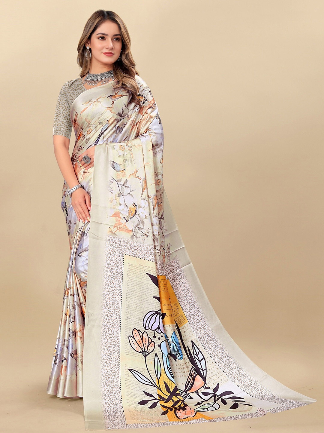 

Mitera Women's Floral Satin Saree With Blouse Piece, Cream