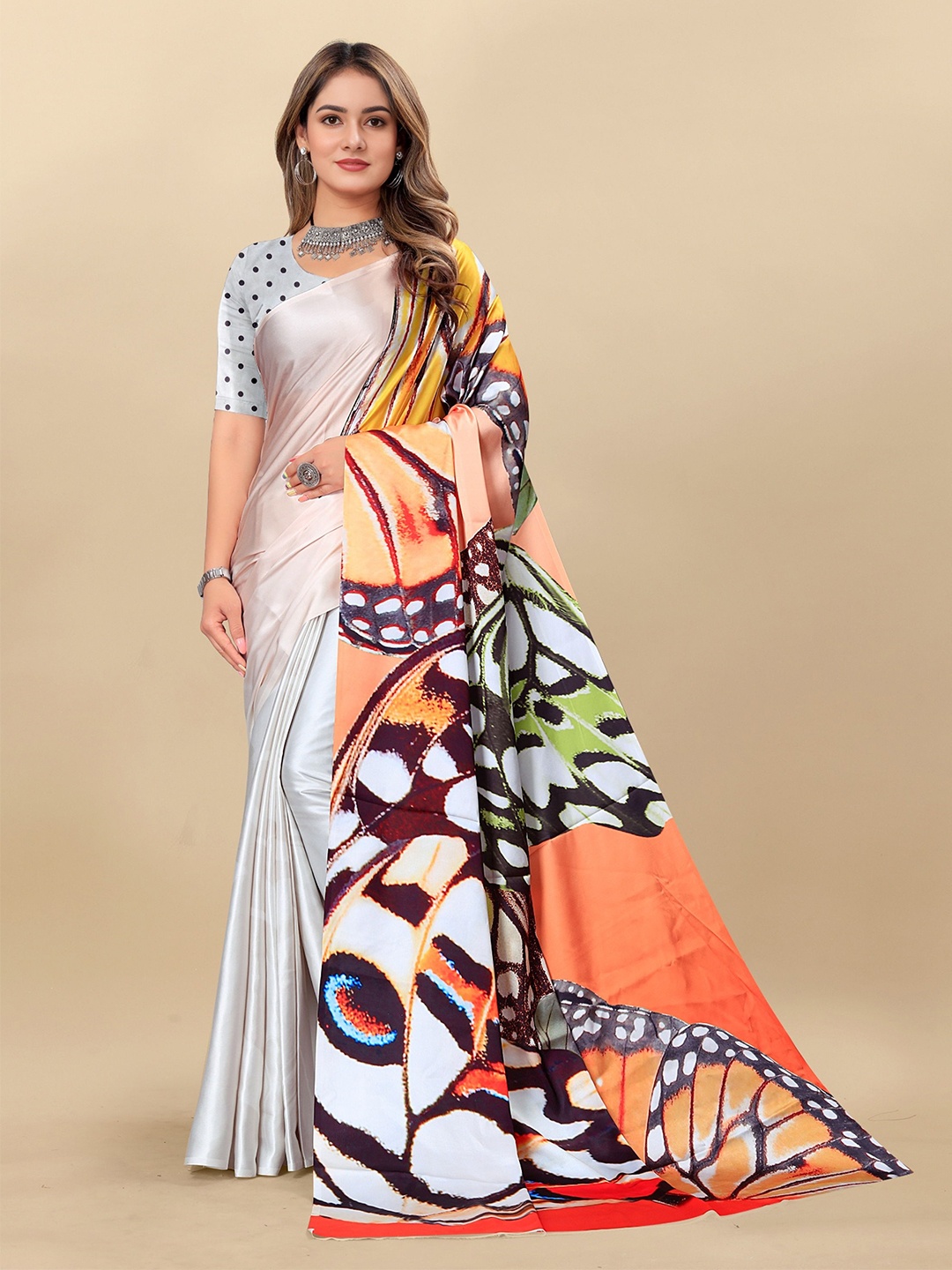 

Mitera Women's Ethnic Motifs Satin Saree, Orange