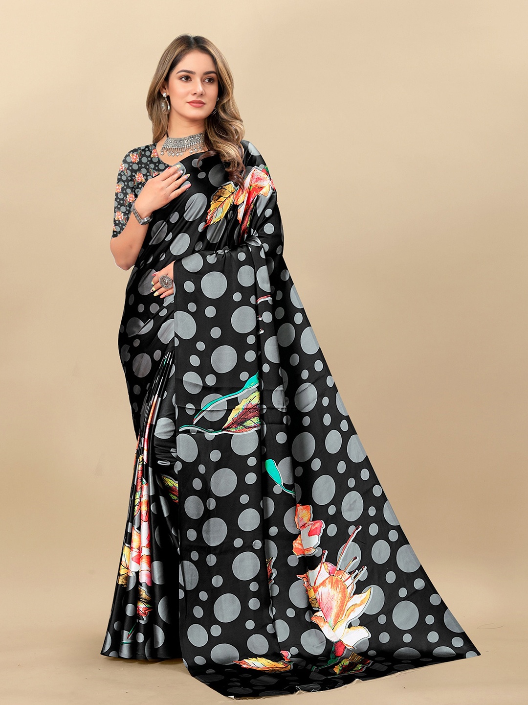 

Mitera Daily Floral Satin Saree, Black