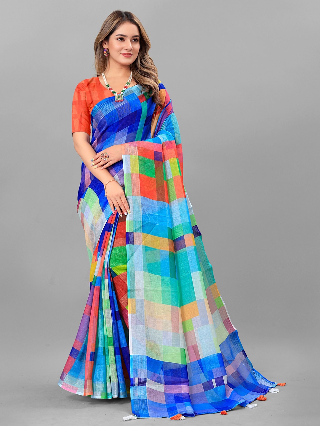 

Mitera Abstract Printed Pure Linen Jamdani Saree, Blue