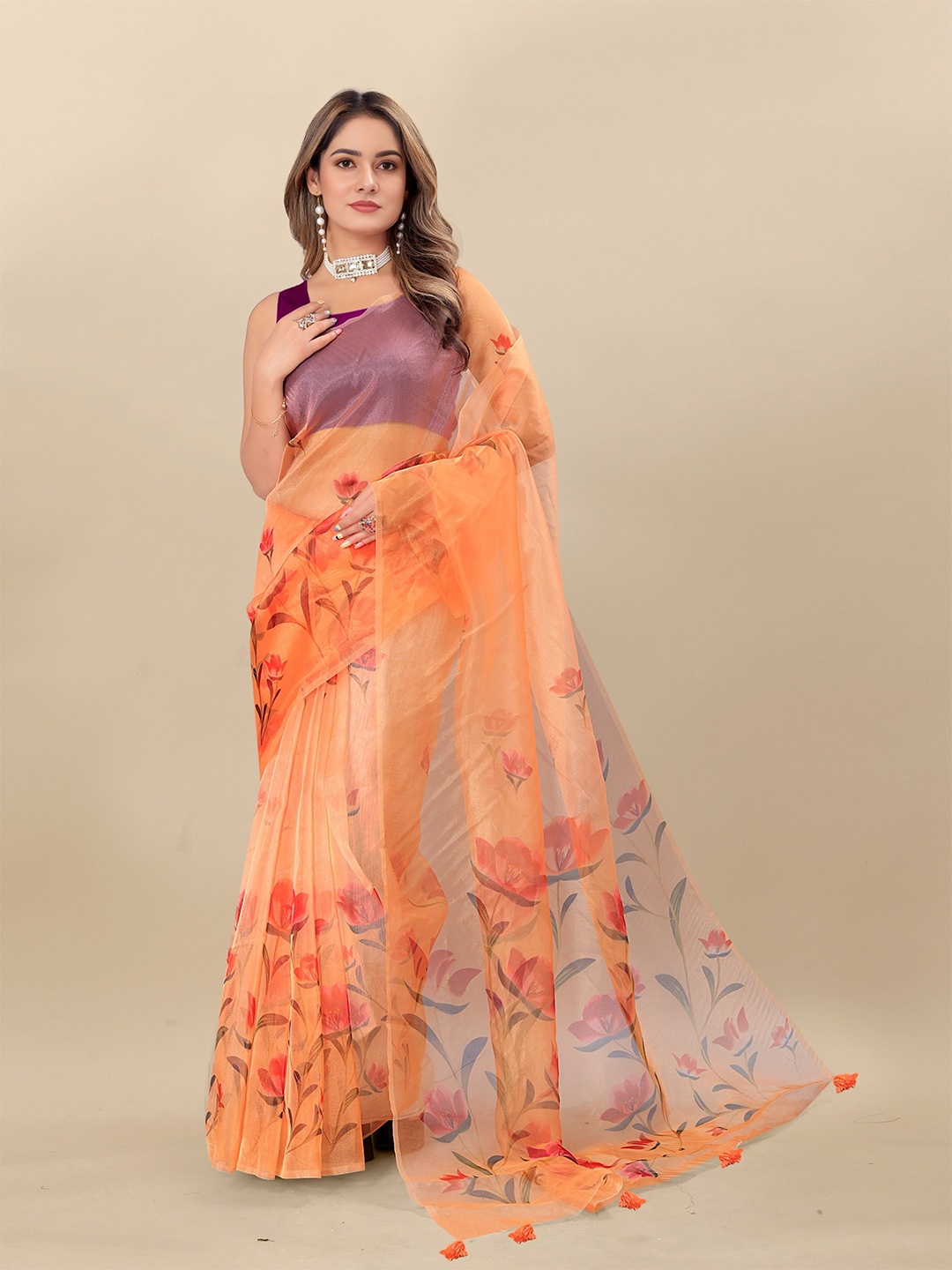 

Mitera Daily Floral Organza Saree, Orange