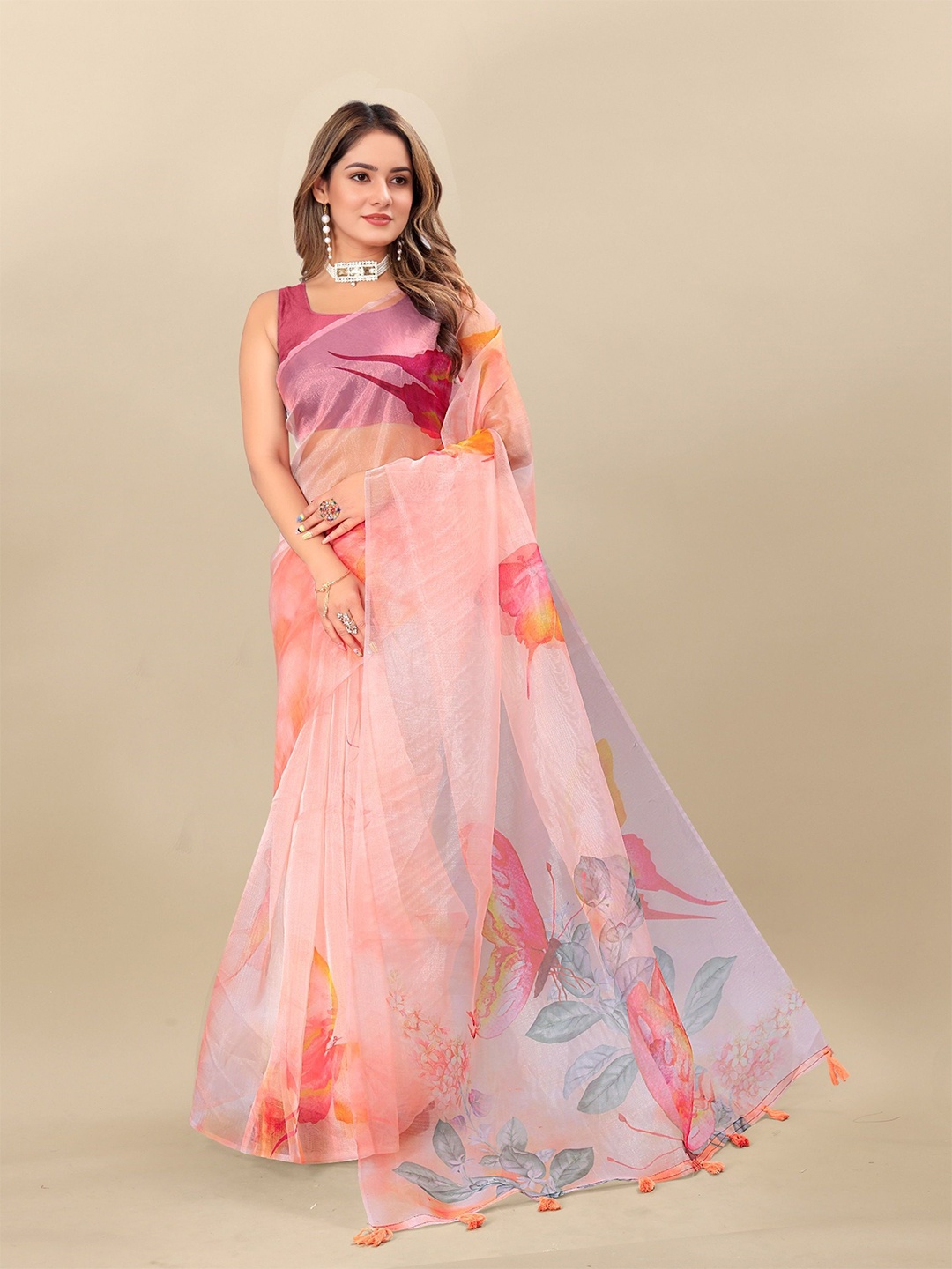 

Mitera Women's Floral Organza Saree With Blouse piece, Peach