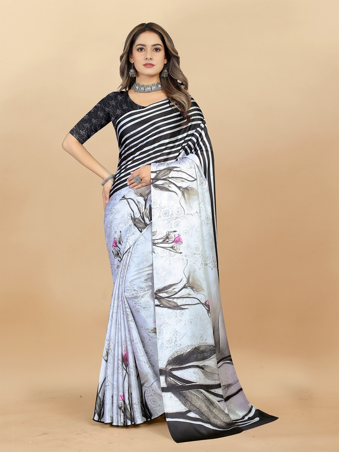 

Mitera Floral Satin Saree, White