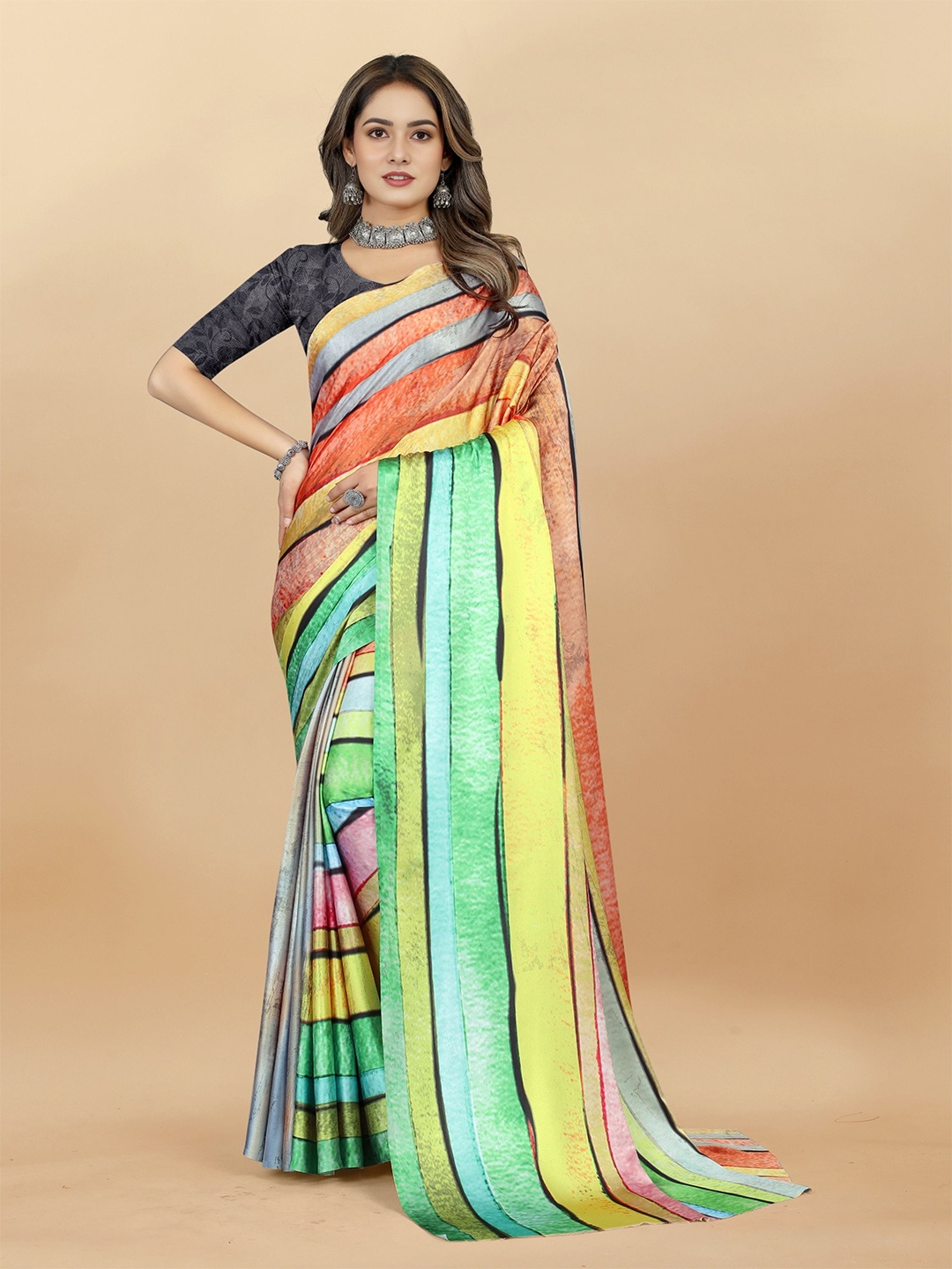 

Mitera Striped Satin Saree, Green