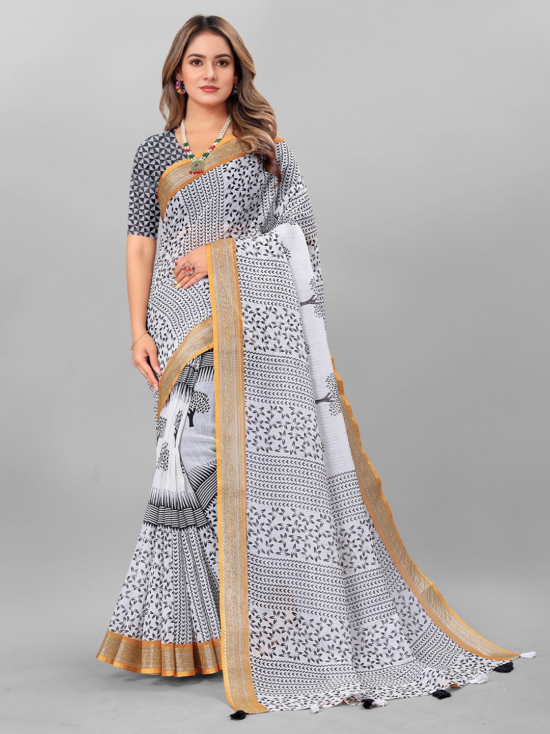 

Mitera Ethnic Motifs Pure Linen Saree, Grey