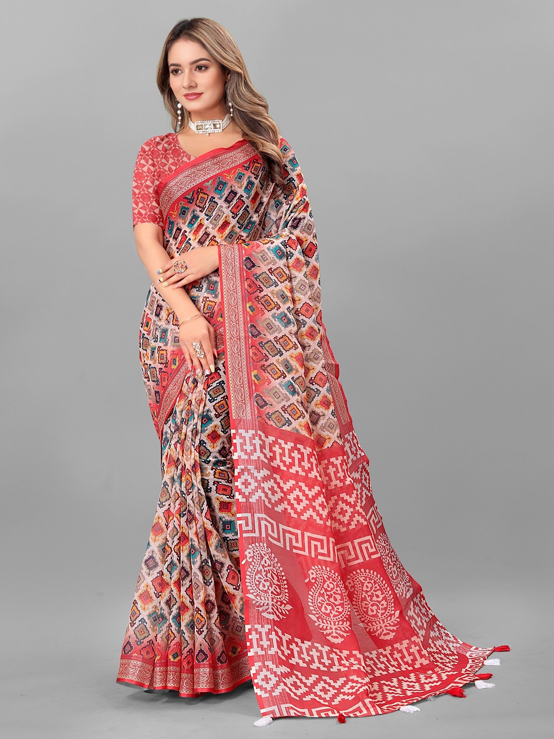 

Mitera Women's Ethnic Motifs Pure Linen Saree, Red