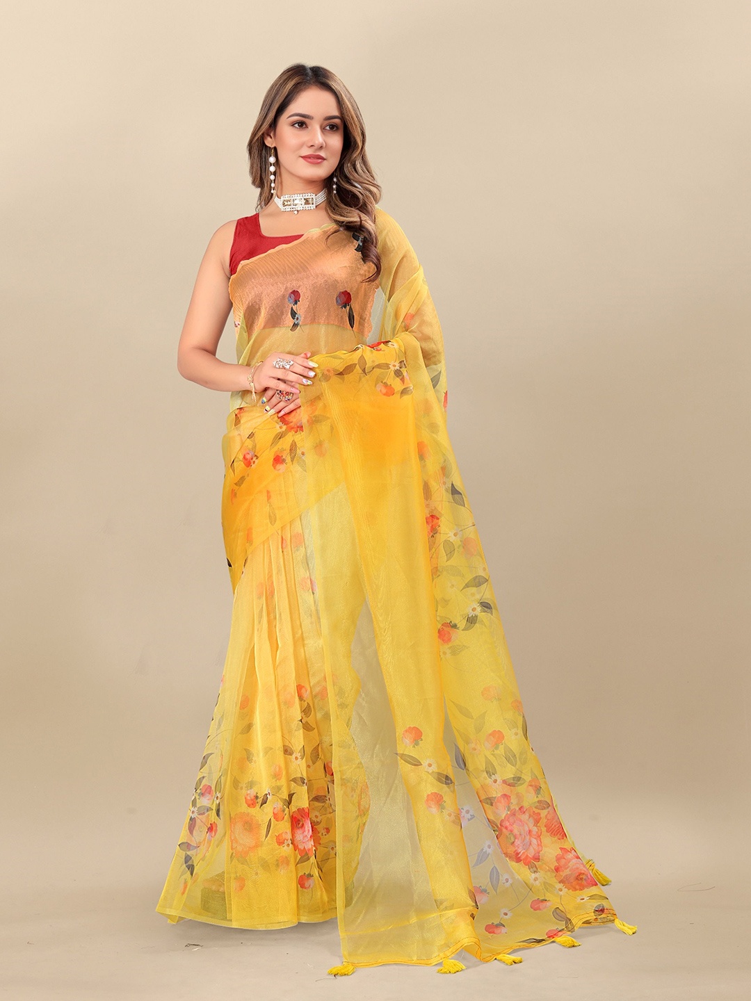 

Mitera Women's Floral Organza Saree, Yellow