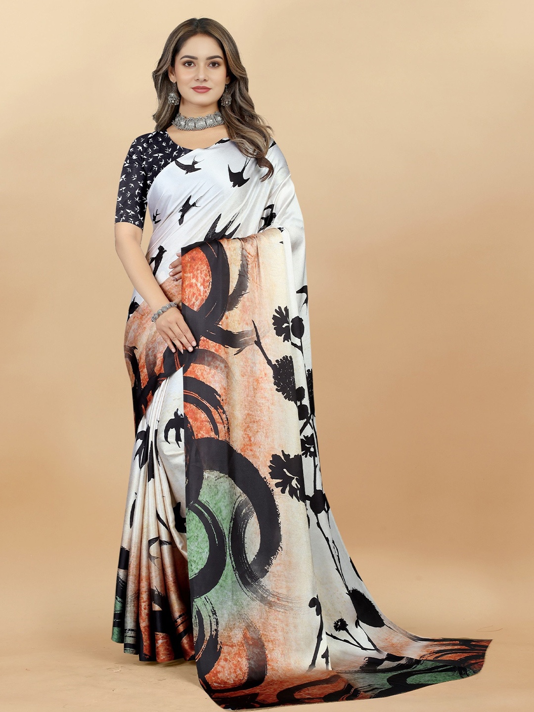 

Mitera Women's Floral Satin Saree With Blouse piece, White
