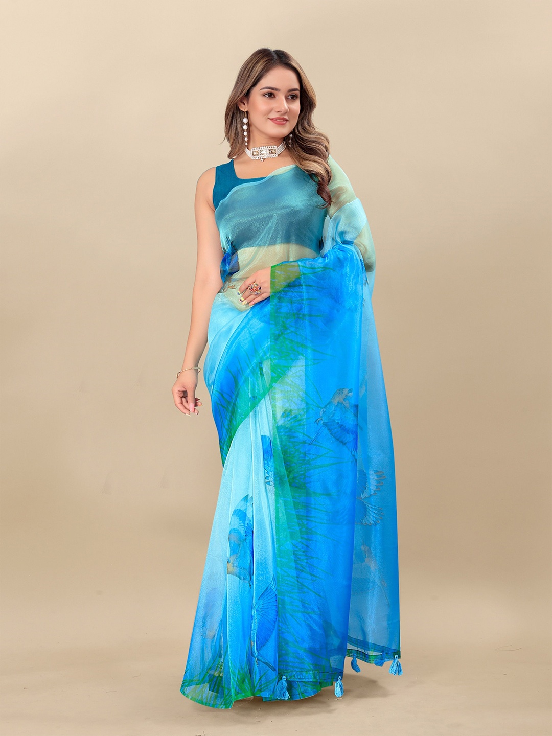 

Mitera Women's Floral Organza Saree With Blouse Piece, Blue