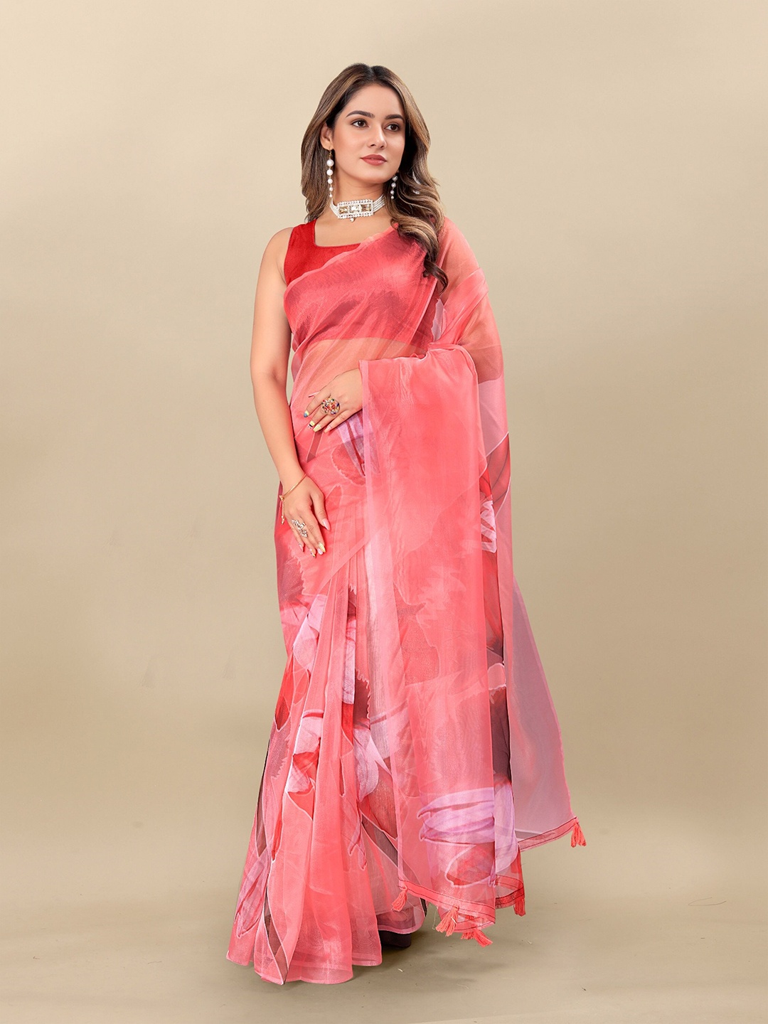 

Mitera Women's Floral Organza Saree With Blouse Piece, Pink