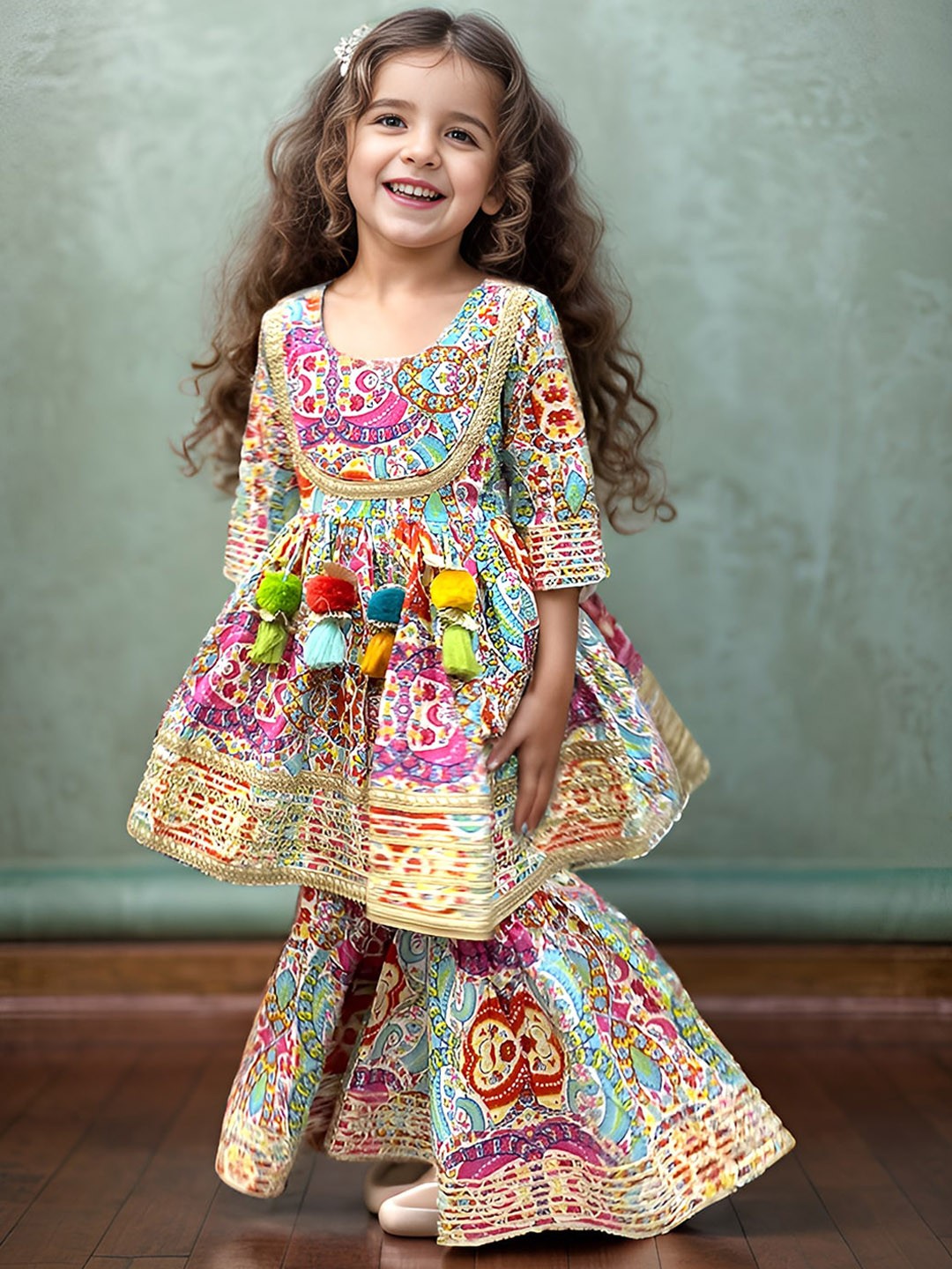 

A.T.U.N. Girls Floral Printed Regular Sleeves Gotta Patti Anarkali Kurta & Sharara, Pink