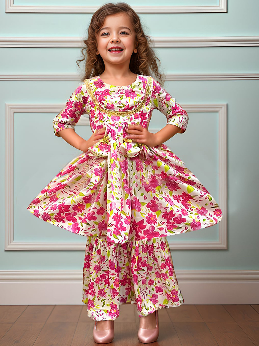 

A.T.U.N. Girls Floral Printed Regular Sleeves Gotta Patti Kurta & Sharara, Pink