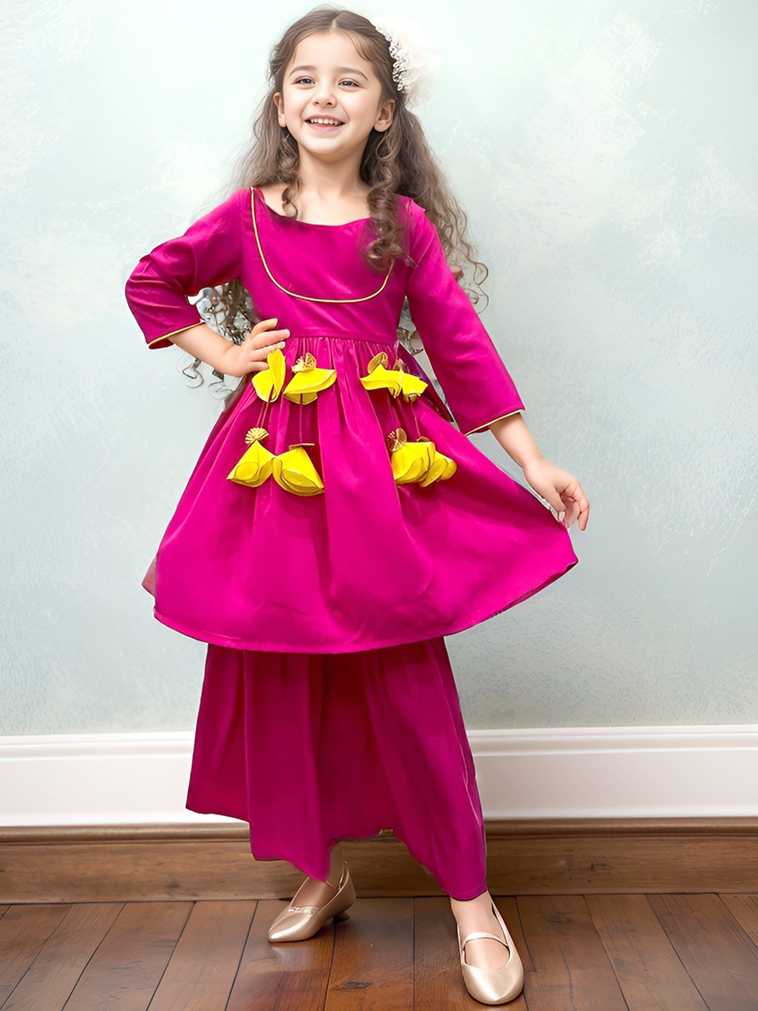 

A.T.U.N. Girls Regular Sleeves Anarkali Patchwork Kurta & Sharara, Fuchsia